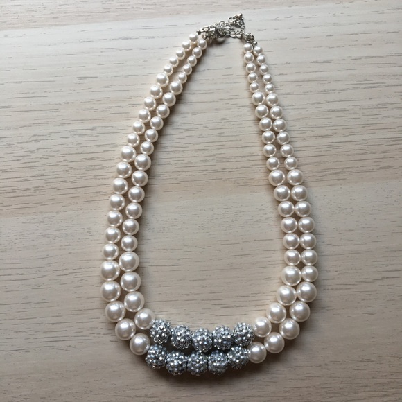 None Jewelry - Faux Pearl and Rhinestone Double necklace, Chunky Necklace, Costume Jewelry